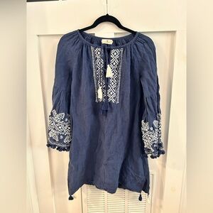 Benaras Pom Pom Tassel Embroidered Blue dress coverup longsleeve ties